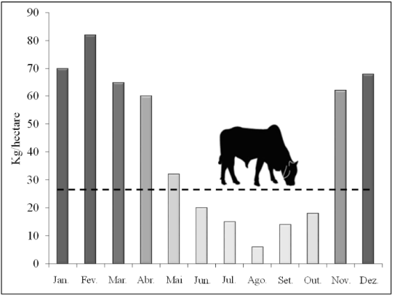 Figura 1. Acúmulo diário de matéria seca de forragem em função dos meses do ano e demanda diária de forragem por unidade animal (- - -), considerando eficiência de pastejo de 30%. Fonte: Adaptado de Braga et al. (3) e Barbero et al. (19). Imagem sem restrição de uso.
