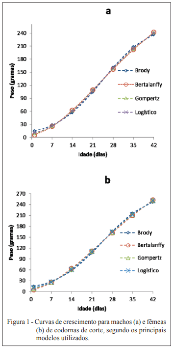 Figura 1 - Curvas de crescimento para machos (a) e fêmeas (b) de codornas de corte, segundo os principais modelos utilizados.