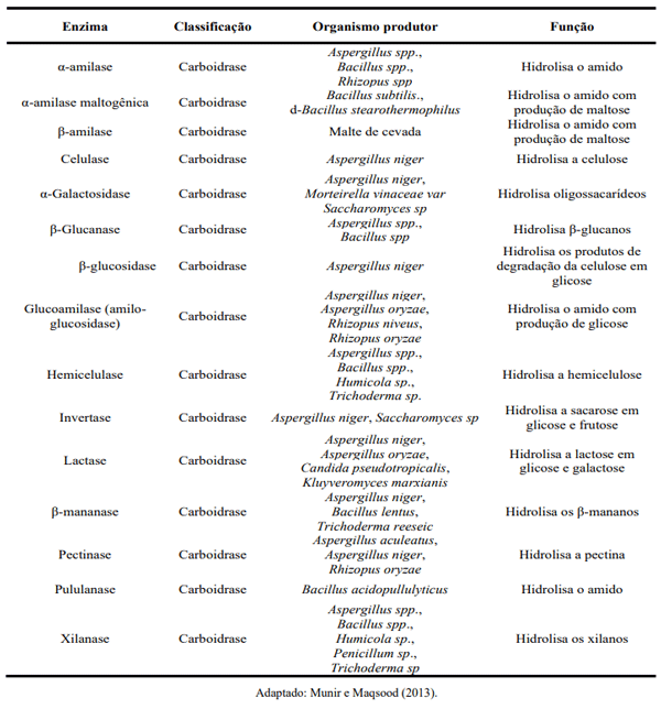 Tabela 3: Carboidrases utilizadas na alimentação de animais não ruminantes, seus micro-organismos produtores e funções. 